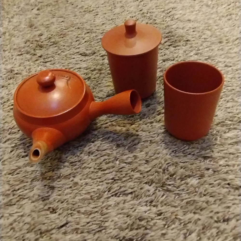Japanese Pottery Tea Cup Yunomi Vintage 4pc Sencha Tokoname Ware. Teapot/2 cups